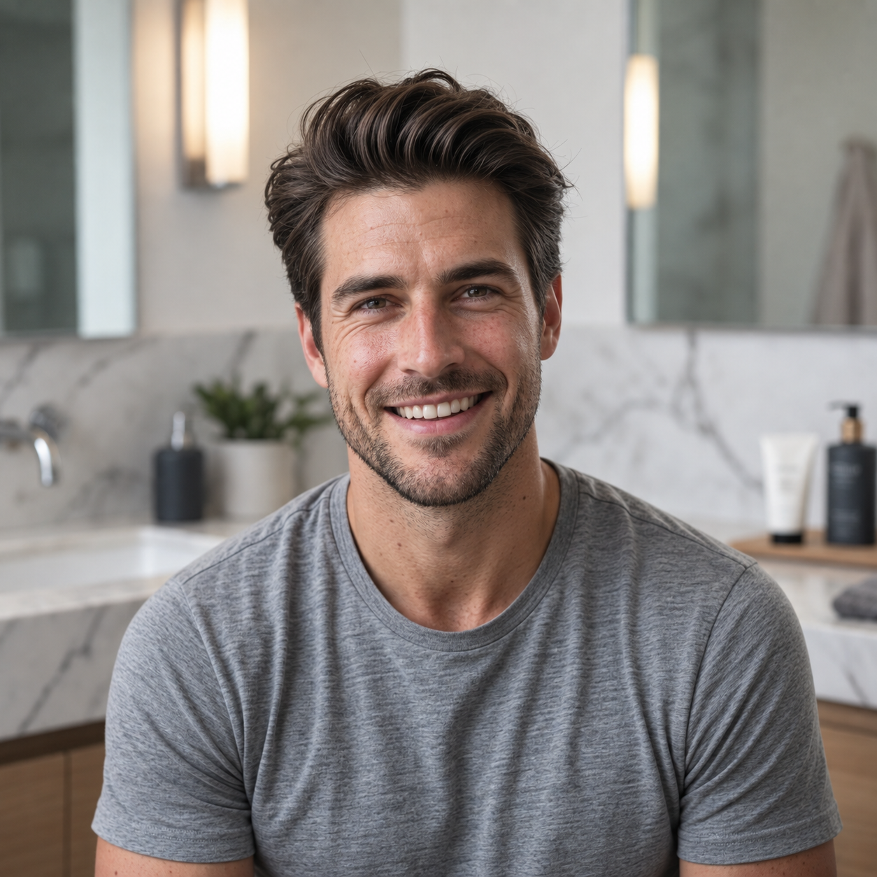 Confident man smiling in a modern bathroom